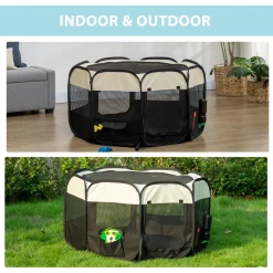 PawHut Welpenlaufstall Tierlaufstall Faltbarer Welpenauslauf Freigehege Laufstall Aus Oxfordstoff Für Kleine Hunde Und Katzen Wasserdicht Tragbar Cremeweiß+Schwarz 118 X 118 X 62 Cm -Garten- & Gewächshäuser Geschäft e55d17409401bfc011edc1019fc7665c