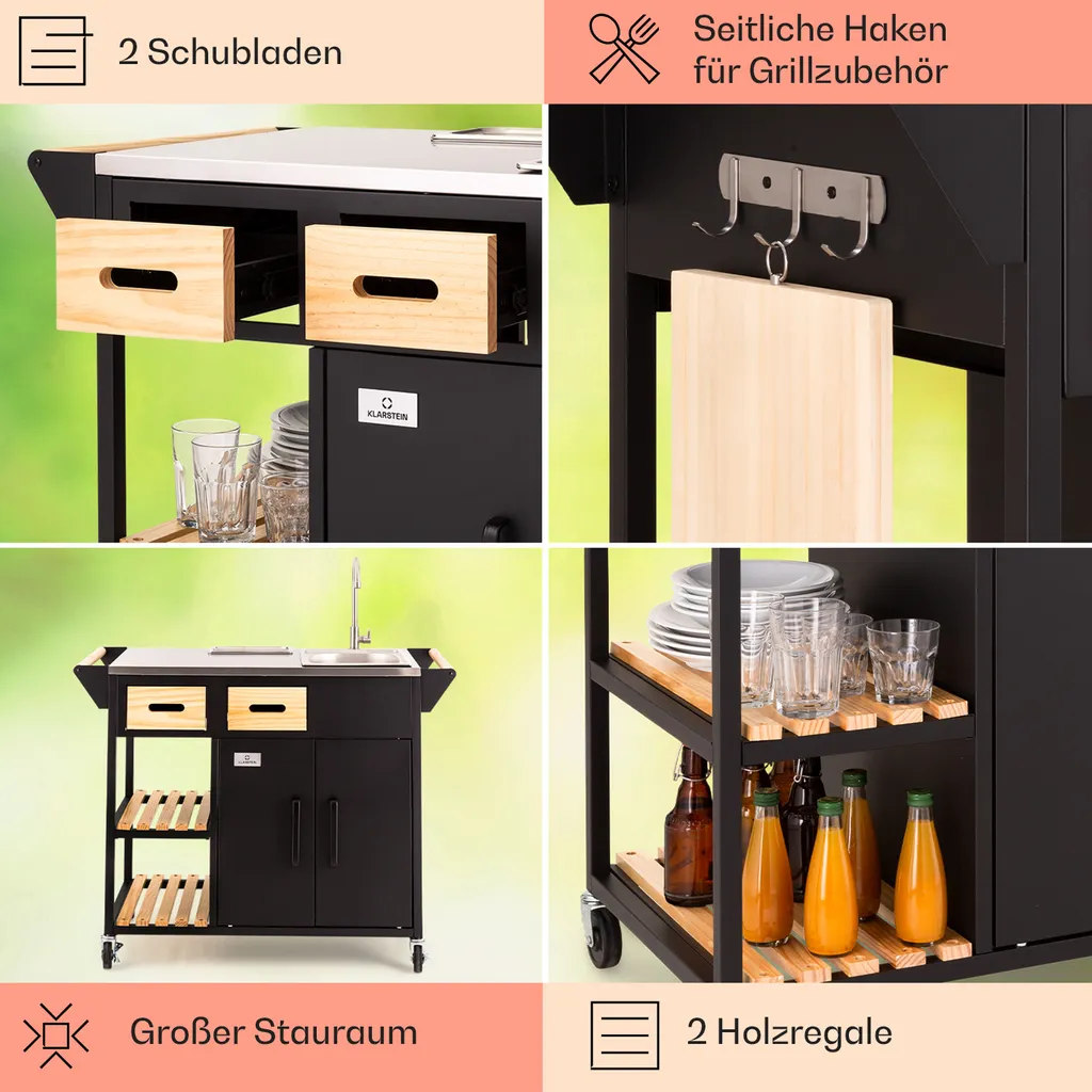 Klarstein Küchenwagen Mit Arbeitsplatte, Outdoor-Küchenwagen Auf Rollen, Mobiler Servierwagen, Küchenwagen Mit Holz Schubladen, Kücheninsel Freistehend Mit Edelstahl-Spülbecken Und Abfalleimer 5 Klarstein Küchenwagen Mit Arbeitsplatte, Outdoor-Küchenwagen Auf Rollen, Mobiler Servierwagen, Küchenwagen Mit Holz Schubladen, Kücheninsel Freistehend Mit Edelstahl-Spülbecken Und Abfalleimer – Bild 5