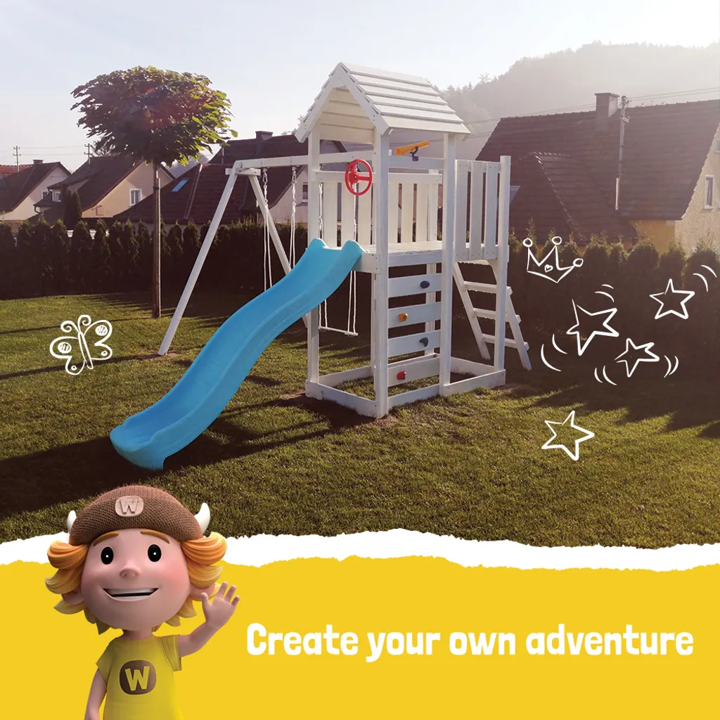 WICKEY Spielturm Klettergerüst MultiFlyer Holzdach Mit Schaukel & Rutsche, Kletterturm Mit Holzdach, Sandkasten, Leiter & Spiel-Zubehör - Apfelgrün 3 WICKEY Spielturm Klettergerüst MultiFlyer Holzdach Mit Schaukel & Rutsche, Kletterturm Mit Holzdach, Sandkasten, Leiter & Spiel-Zubehör - Apfelgrün – Bild 3