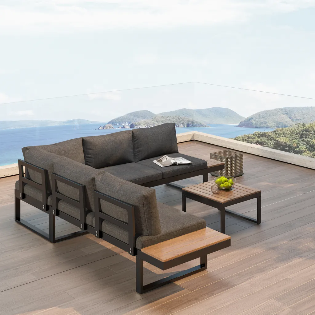 Merax Gartenmöbelset Holz Ecklounge Mit Kissen Und Stahlrahmen, Gartenmöbel Set Loungegruppe Balkonmöbel Set Loungeset, Schwarz 3 Merax Gartenmöbelset Holz Ecklounge Mit Kissen Und Stahlrahmen, Gartenmöbel Set Loungegruppe Balkonmöbel Set Loungeset, Schwarz – Bild 3