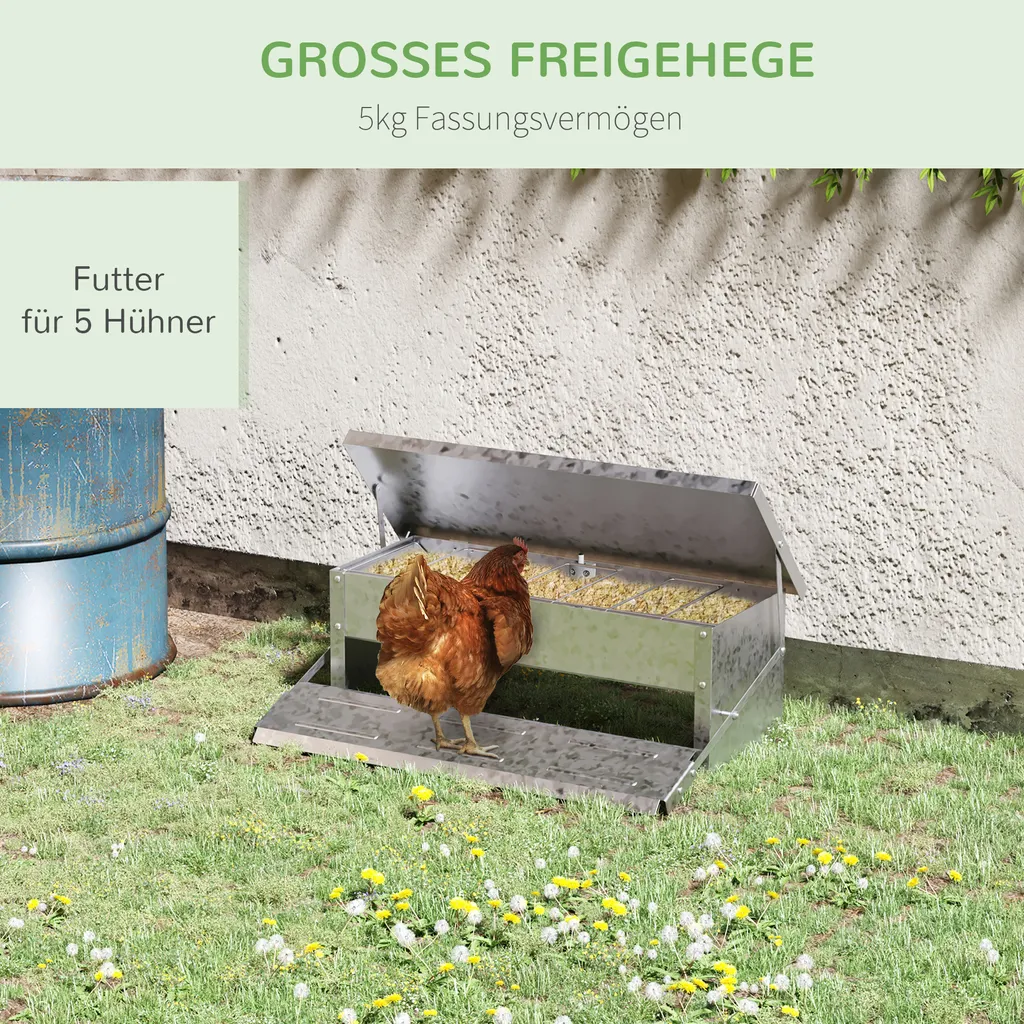 PawHut Futterautomat Hühner 5 Kg Füllmenge Hühnerfutterautomat Futterspender Geflügel-Futterspender Mit Deckel Für Hühner Und Geflügel Wasserdicht Automatisch Silber 56 X 36 X 18,5 Cm 4 PawHut Futterautomat Hühner 5 Kg Füllmenge Hühnerfutterautomat Futterspender Geflügel-Futterspender Mit Deckel Für Hühner Und Geflügel Wasserdicht Automatisch Silber 56 X 36 X 18,5 Cm – Bild 4