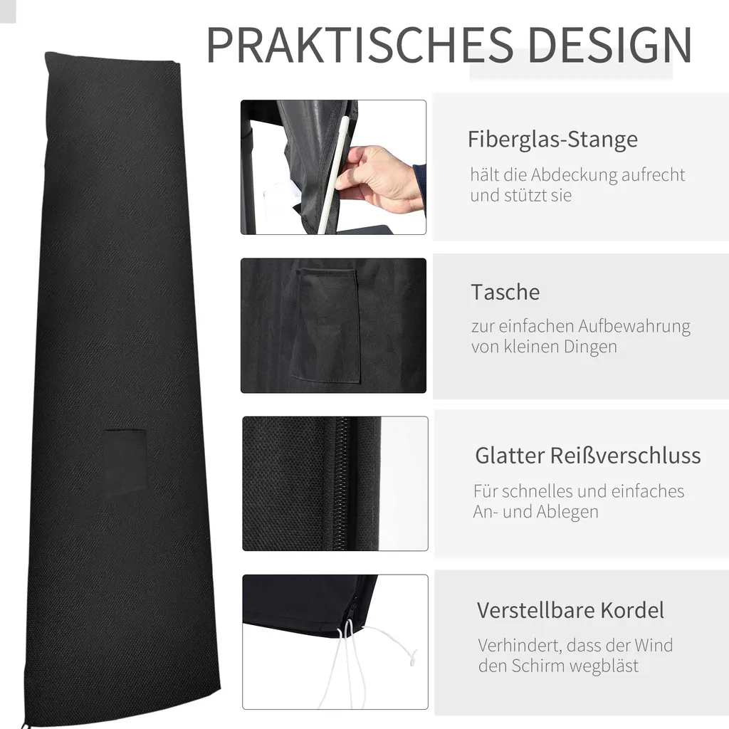 Outsunny Sonnenschirm Schutzhülle Für Sonnenshirm Bis Ø400 Cm Abdeckung Schirmschutzhaube Mit Reißverschluss, Tasche Stab Oxfordstoff Schwarz 200 X 50/80 Cm 5 Outsunny Sonnenschirm Schutzhülle Für Sonnenshirm Bis Ø400 Cm Abdeckung Schirmschutzhaube Mit Reißverschluss, Tasche Stab Oxfordstoff Schwarz 200 X 50/80 Cm – Bild 5
