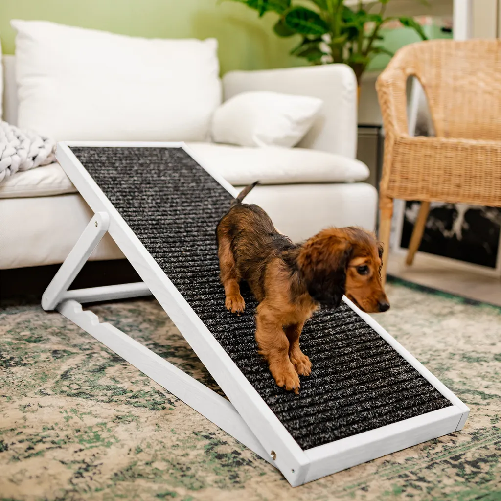 HOLTAZ Hunderampe Haustierrampe Für Bett Oder Sofa Klappbar Verstellbarer Aus Holz Mit Anti-rutsch Einsatz Für Katzen Oder Hunde Weiß 6 HOLTAZ Hunderampe Haustierrampe Für Bett Oder Sofa Klappbar Verstellbarer Aus Holz Mit Anti-rutsch Einsatz Für Katzen Oder Hunde Weiß – Bild 6