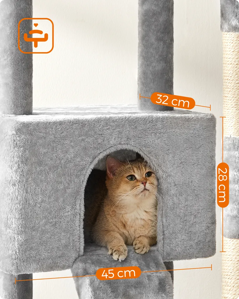 FEANDREA Kratzbaum, 142 Cm, Aussichtsplattformen, Kuschelhöhle, Fellball, Flauschige Liegemulde, Verstärktes Fundament, Kippschutz, Katzenbaum, Hellgrau PCT160W01 3 FEANDREA Kratzbaum, 142 Cm, Aussichtsplattformen, Kuschelhöhle, Fellball, Flauschige Liegemulde, Verstärktes Fundament, Kippschutz, Katzenbaum, Hellgrau PCT160W01 – Bild 3