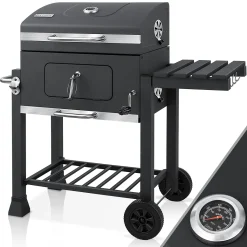 KESSER® Grill Grillwagen XXL Holzkohlegrill Mit Deckel, Rädern, Edelstahl-Griff, Grillrost Und Thermometer Holzkohle Kohlegrill Wagen Groß Kohle BBQ Barbeque Camping, Terrasse, Garten, Farbe:Grau