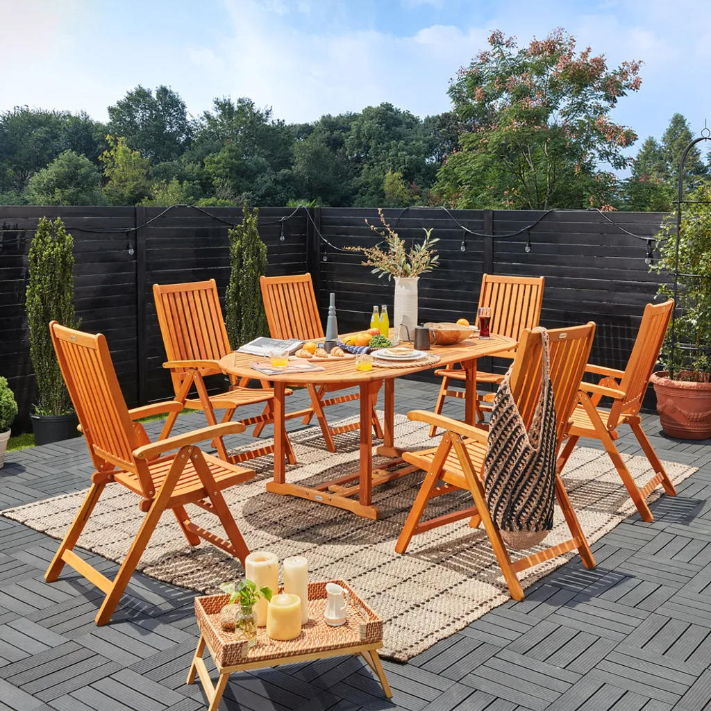 Deuba Sitzgruppe Vanamo 6+1 FSC®-zertifiziertes Eukalyptusholz Klappbar 7-TLG Tisch Sitzgarnitur Holz Gartenmöbel Garten Set 8 Deuba Sitzgruppe Vanamo 6+1 FSC®-zertifiziertes Eukalyptusholz Klappbar 7-TLG Tisch Sitzgarnitur Holz Gartenmöbel Garten Set – Bild 8