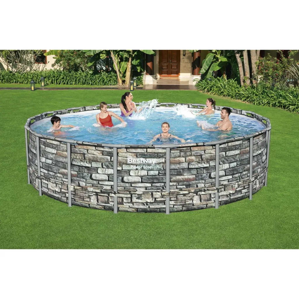 Bestway® Power Steel™ Aufstellpool Komplett-Set Mit Filterpumpe Ø 549 X 132 Cm Steinwand-Optik (Naturstein), Rund 2 Bestway® Power Steel™ Aufstellpool Komplett-Set Mit Filterpumpe Ø 549 X 132 Cm Steinwand-Optik (Naturstein), Rund – Bild 2