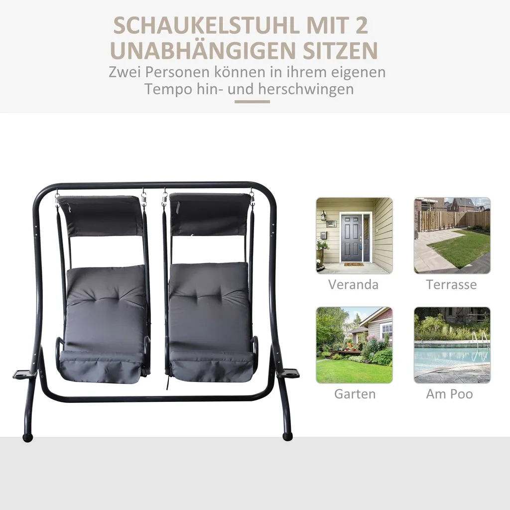 Outsunny 2 Sitzer Hollywoodschaukel Gartenschaukel Mit Sonnendach Gartenstuhl Sitz Mit Sprühbaumwolle Oxfordstoff PE-Beschichtung Stahl Polyester Grau 170 X 136 X 170 Cm(pro Sitz) 6 Outsunny 2 Sitzer Hollywoodschaukel Gartenschaukel Mit Sonnendach Gartenstuhl Sitz Mit Sprühbaumwolle Oxfordstoff PE-Beschichtung Stahl Polyester Grau 170 X 136 X 170 Cm(pro Sitz) – Bild 6