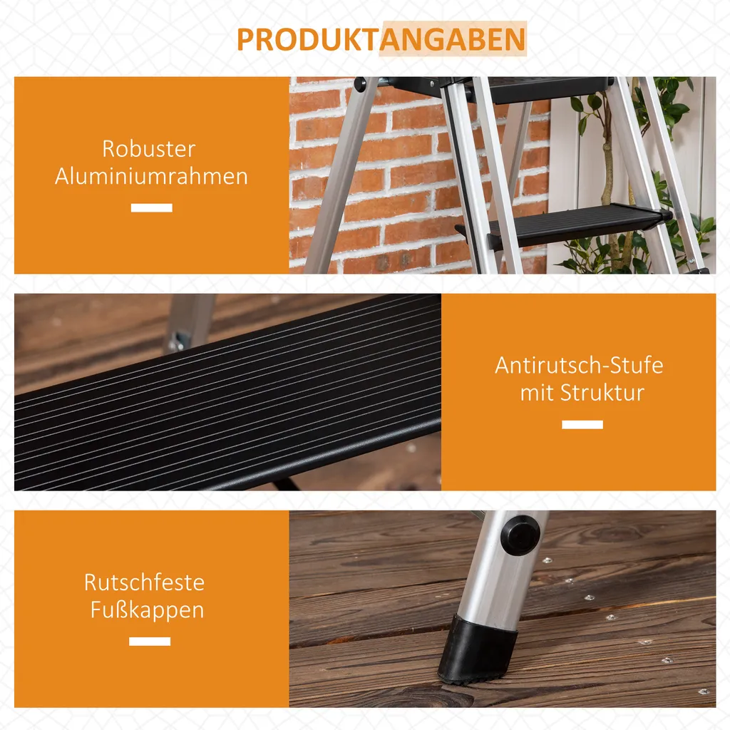 DURHAND Klapptritt Stehleiter Mit 4 Stufen Rutschfest Rostfrei Leiter Gerüstbock Mit Werkzeugablage Handlauf Bis 150 Kg Belastbar Inkl. Anti-Rutsch-Füße Alu 45,5 X 82 X 145 Cm 6 DURHAND Klapptritt Stehleiter Mit 4 Stufen Rutschfest Rostfrei Leiter Gerüstbock Mit Werkzeugablage Handlauf Bis 150 Kg Belastbar Inkl. Anti-Rutsch-Füße Alu 45,5 X 82 X 145 Cm – Bild 6