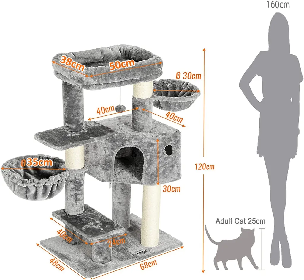 Pecute Kratzbaum Mit Extra Dicke Stämme, Katzenbaum 120cm Mit Große Aussichtsplattform, Verstellbar Grundplatte, Liegemulde (Hellgrau+Weiß Sisalstämme) 3 Pecute Kratzbaum Mit Extra Dicke Stämme, Katzenbaum 120cm Mit Große Aussichtsplattform, Verstellbar Grundplatte, Liegemulde (Hellgrau+Weiß Sisalstämme) – Bild 3
