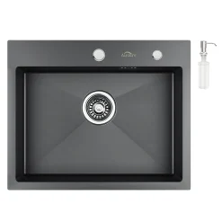 Auralum Rechteckige Küchenspüle 55 × 45 CM, Edelstahl Einbau Spülbecken Inkl. Ablaufgarnitur Und 300ml Seifenspender, Dunkelgrau