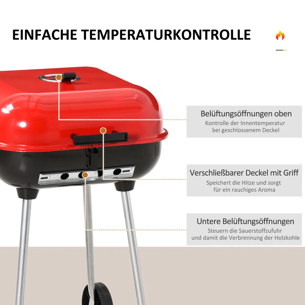 Outsunny Holzkohlegrill Grillwagen Kugelgrill Auf Rollen Ablage Mit Deckel BBQ Metall Rot 46 X 52,5 X 76cm 4 Outsunny Holzkohlegrill Grillwagen Kugelgrill Auf Rollen Ablage Mit Deckel BBQ Metall Rot 46 X 52,5 X 76cm – Bild 4