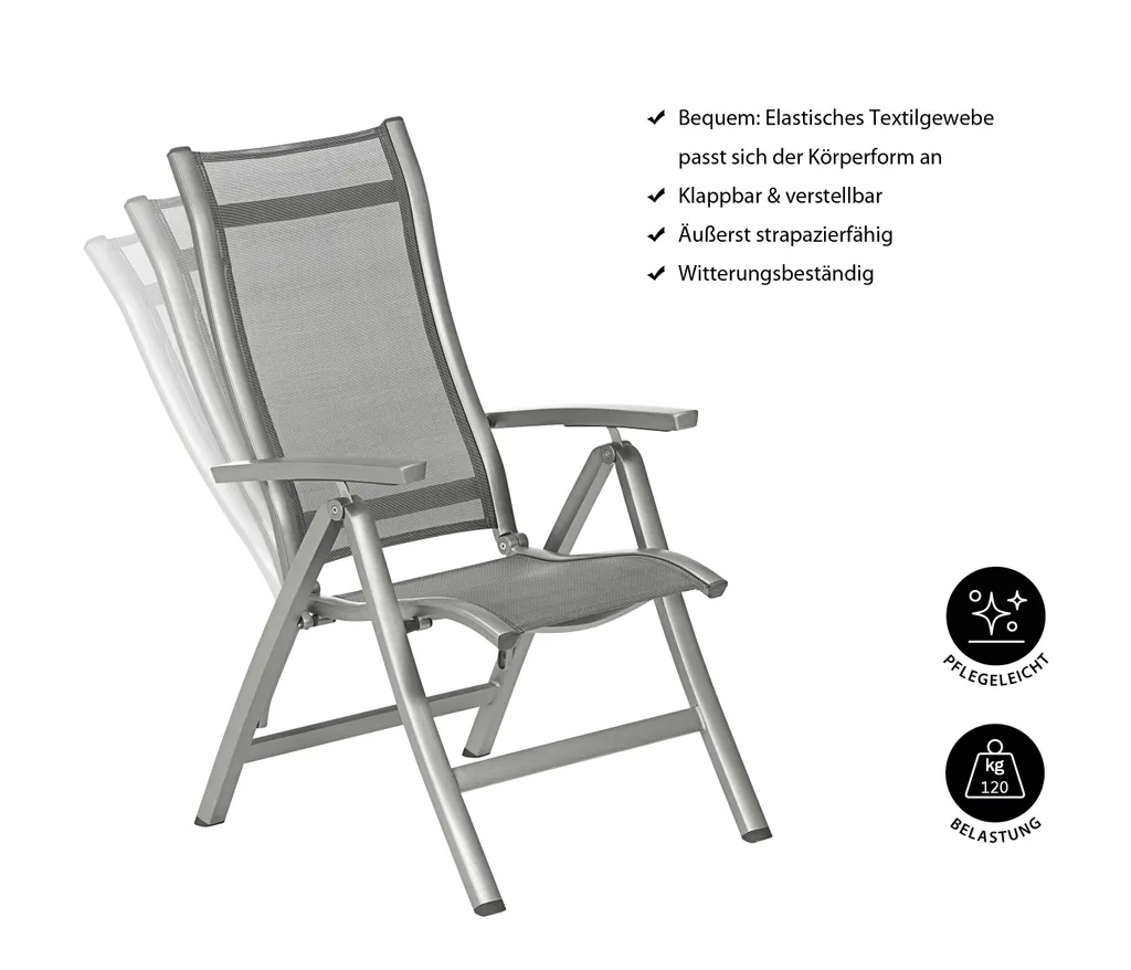 Dehner Klappsessel Chicago, Hochlehner, 109 X 63 X 68 Cm, Aluminium/Textilene, Grau 3 Dehner Klappsessel Chicago, Hochlehner, 109 X 63 X 68 Cm, Aluminium/Textilene, Grau – Bild 3