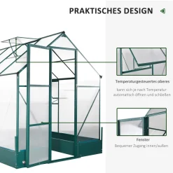 Outsunny Gewächshaus Für Den Garten, Vielseitig Nutzbar Als Treibhaus, Tomatenhaus, Frühbeet Und Pflanzenhaus, 4 Mm PC Sonnenschutzplatte, Aluminium, Transparent+Grün, 250x190x219 Cm 12 Outsunny Gewächshaus Für Den Garten, Vielseitig Nutzbar Als Treibhaus, Tomatenhaus, Frühbeet Und Pflanzenhaus, 4 Mm PC Sonnenschutzplatte, Aluminium, Transparent+Grün, 250x190x219 Cm -Garten- & Gewächshäuser Geschäft efd6625017215e3606cfb0271ba2fe2a