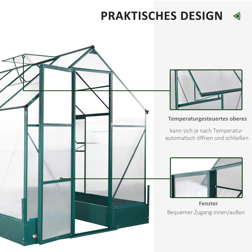 Outsunny Gewächshaus Für Den Garten, Vielseitig Nutzbar Als Treibhaus, Tomatenhaus, Frühbeet Und Pflanzenhaus, 4 Mm PC Sonnenschutzplatte, Aluminium, Transparent+Grün, 250x190x219 Cm 4 Outsunny Gewächshaus Für Den Garten, Vielseitig Nutzbar Als Treibhaus, Tomatenhaus, Frühbeet Und Pflanzenhaus, 4 Mm PC Sonnenschutzplatte, Aluminium, Transparent+Grün, 250x190x219 Cm – Bild 4