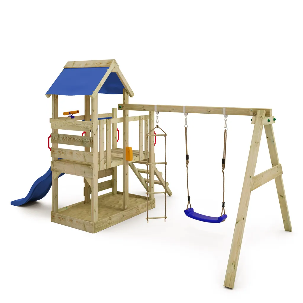 WICKEY Spielturm Klettergerüst TurboFlyer Mit Schaukel & Rutsche, Kletterturm Mit Sandkasten, Leiter & Spiel-Zubehör - Blau 2 WICKEY Spielturm Klettergerüst TurboFlyer Mit Schaukel & Rutsche, Kletterturm Mit Sandkasten, Leiter & Spiel-Zubehör - Blau – Bild 2