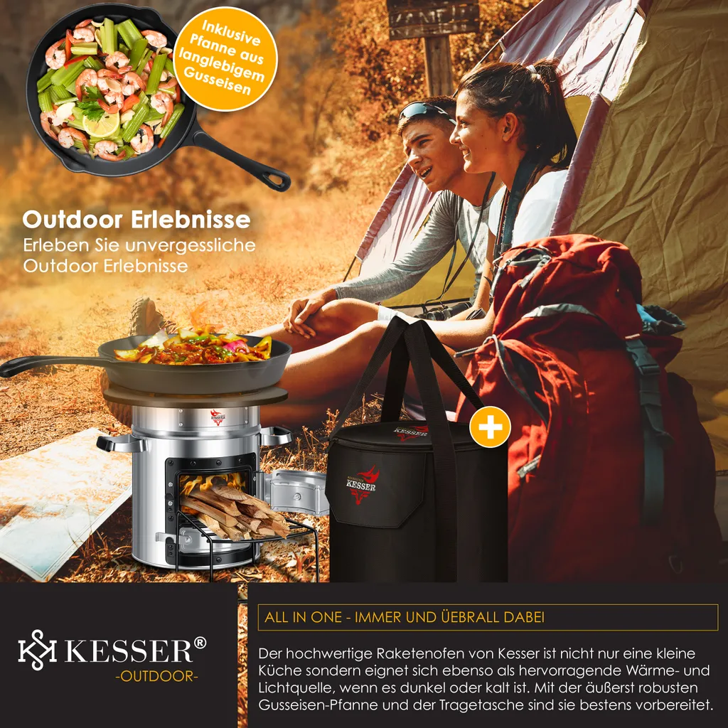 KESSER® Raketenofen Inkl. Grillpfanne Aus Gusseisen Mit Tragetasche Dutch Oven BBQ Rakete Holzofen Camping Campingkocher Campinggrill, Edelstahl, Farbe:Silber 9 KESSER® Raketenofen Inkl. Grillpfanne Aus Gusseisen Mit Tragetasche Dutch Oven BBQ Rakete Holzofen Camping Campingkocher Campinggrill, Edelstahl, Farbe:Silber – Bild 9