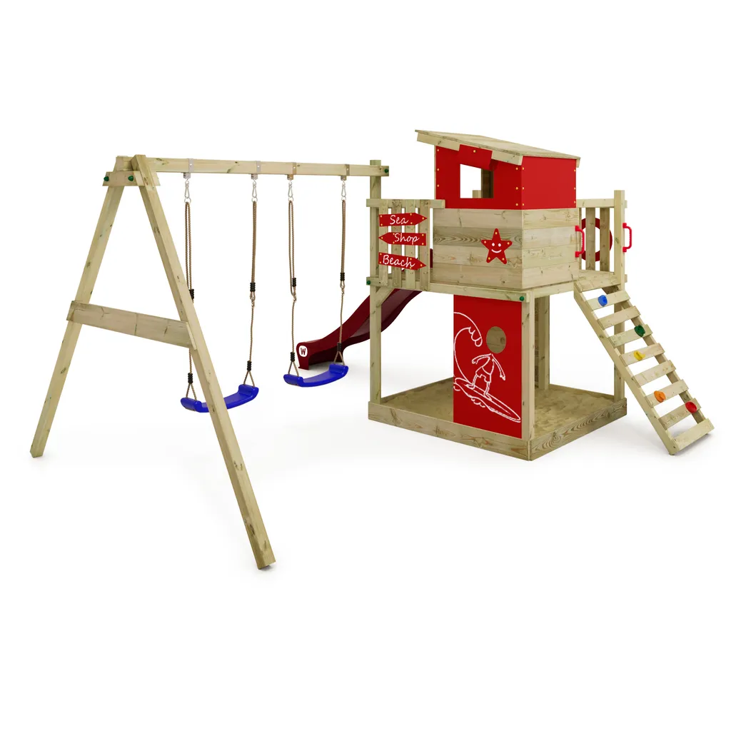 WICKEY Spielturm Klettergerüst Smart Camp Mit Schaukel & Rutsche, Baumhaus Mit Sandkasten, Kletterleiter & Spiel-Zubehör - Rot 2 WICKEY Spielturm Klettergerüst Smart Camp Mit Schaukel & Rutsche, Baumhaus Mit Sandkasten, Kletterleiter & Spiel-Zubehör - Rot – Bild 2