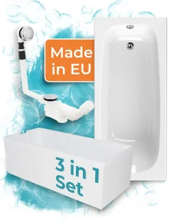 Calmwaters® Badewanne Komplettset 170x75 Cm Original, EU, 3in1 Acryl-Badewanne Mit Wannenträger & Ablaufgarnitur, Körperformbadewanne, Rechteckbadewanne 170 X 75, 200 L, Weiß, 99000088