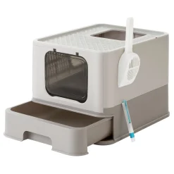 FEANDREA Katzenklo, Mit Deckel, Für Katzen Bis 15kg, Haferflockenfarben-warmgrau