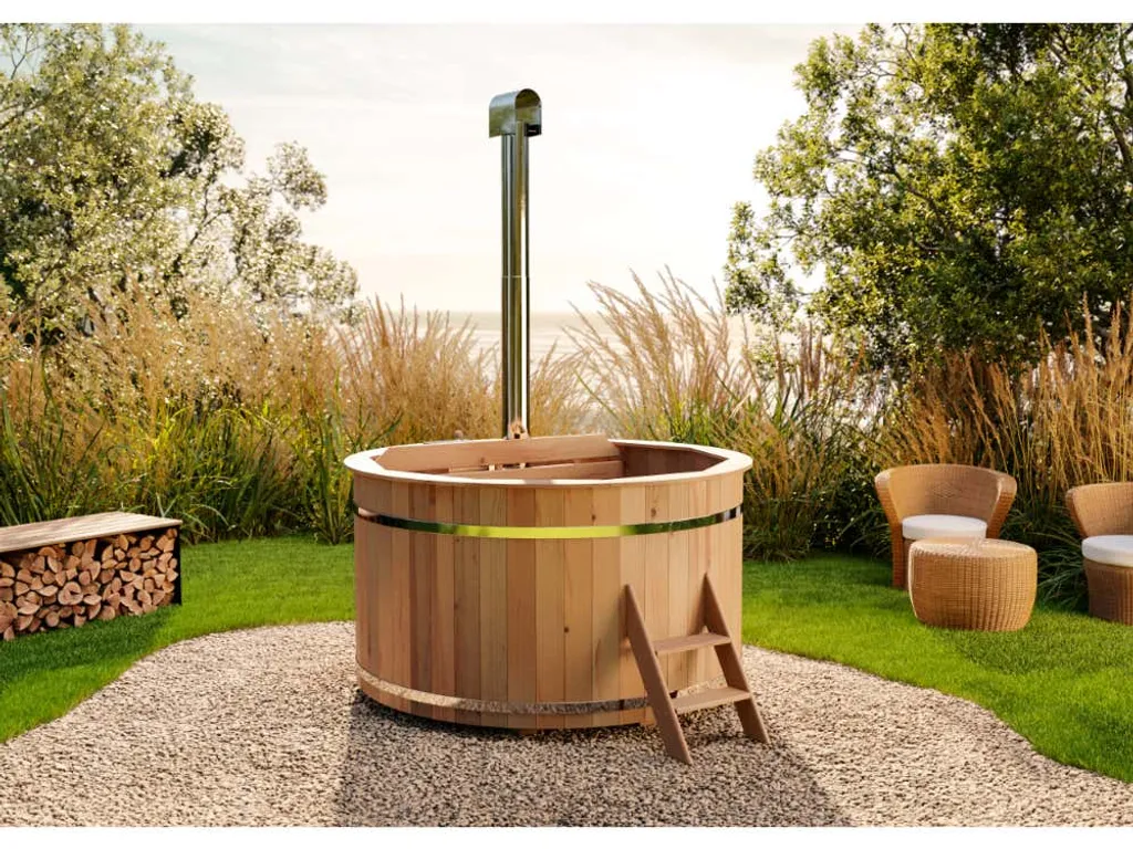 Finntherm Holz Badefass Bergen, Hot Tub Ø 180 X 101 Cm, Inkl. Edelstahl-Ofen 22 KW Und Einstiegsleiter, 5-6 Personen, Schwimmbecken, Badebottich, Jacuzzi 2 Finntherm Holz Badefass Bergen, Hot Tub Ø 180 X 101 Cm, Inkl. Edelstahl-Ofen 22 KW Und Einstiegsleiter, 5-6 Personen, Schwimmbecken, Badebottich, Jacuzzi – Bild 2