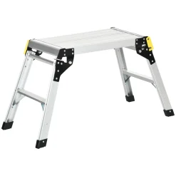 DURHAND Werkbank Klappstufen Klappbare Arbeitsplattform Rutschfester Werktisch Mit Sicherheitsriegel Bis 150 KG Aluminiumlegierung Stahl Silber 94 X 38,5 X 48cm