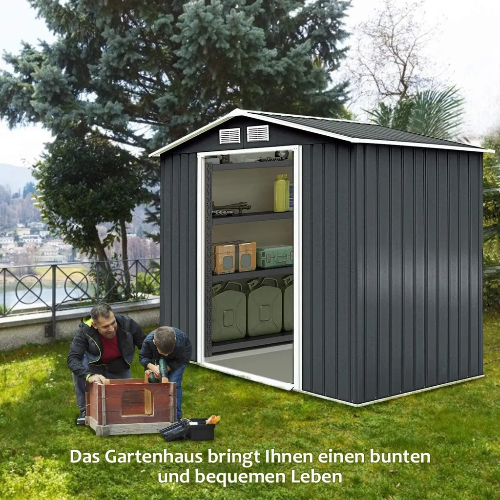 Dreamade Metall Gerätehaus, Gartenhaus Mit Metallfundament, Geräteschuppen, Metallschuppen 277x191x192 Cm, Garten Schuppen 2 Dreamade Metall Gerätehaus, Gartenhaus Mit Metallfundament, Geräteschuppen, Metallschuppen 277x191x192 Cm, Garten Schuppen – Bild 2
