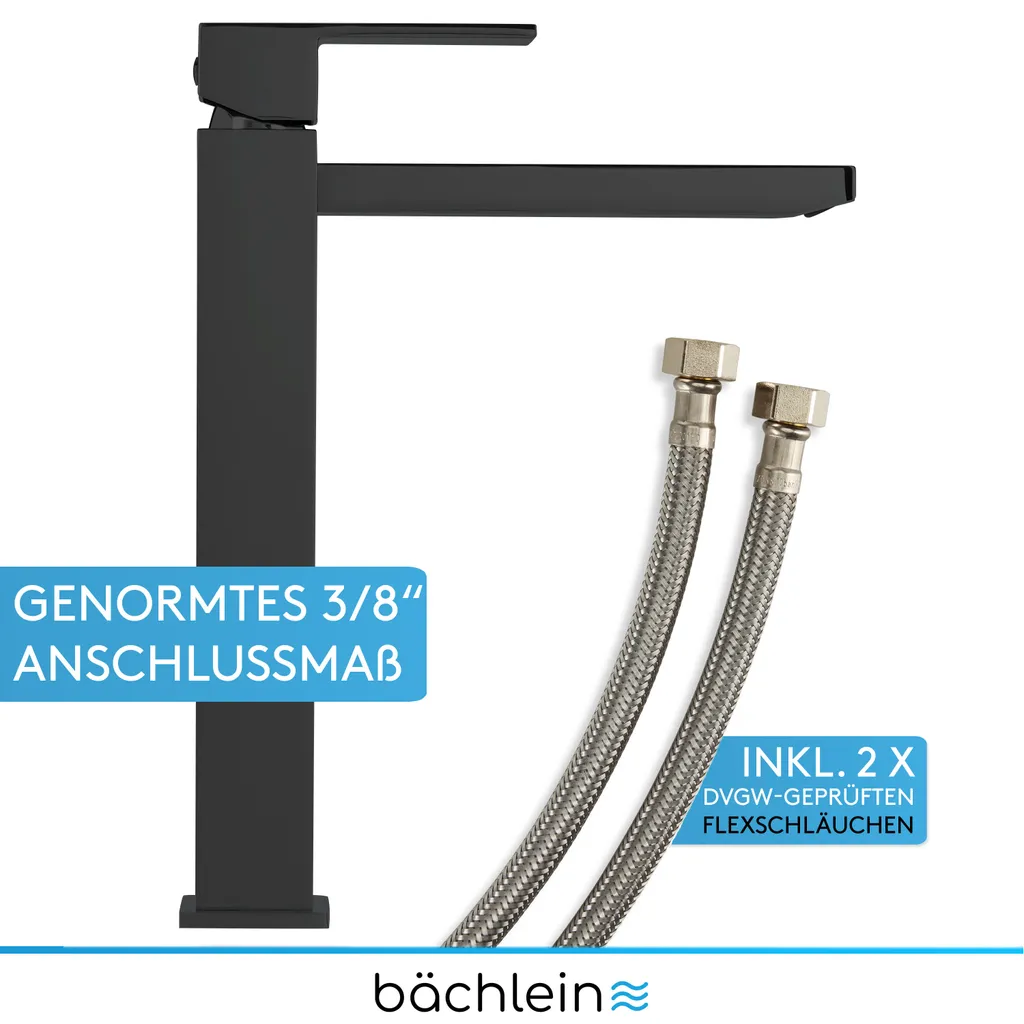 Bächlein Wasserhahn Hoch Fürs Bad In Kantigem Design – Extra Hohe Armatur Mit 215mm Auslaufhöhe Für Aufsetzwaschbecken, Waschtischarmatur Hoher Auslauf - Matt Schwarz 4 Bächlein Wasserhahn Hoch Fürs Bad In Kantigem Design – Extra Hohe Armatur Mit 215mm Auslaufhöhe Für Aufsetzwaschbecken, Waschtischarmatur Hoher Auslauf - Matt Schwarz – Bild 4