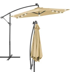 ECD Germany Ampelschirm Mit Kurbel Und Ständer Inkl. LED-Solar - Ø 300 Cm - Braun - Wasserabweisend, Sonnenschutz UV50+, Neigbar, Gartenschirm Terrassenschirm Marktschirm Kurbelschirm Schirm