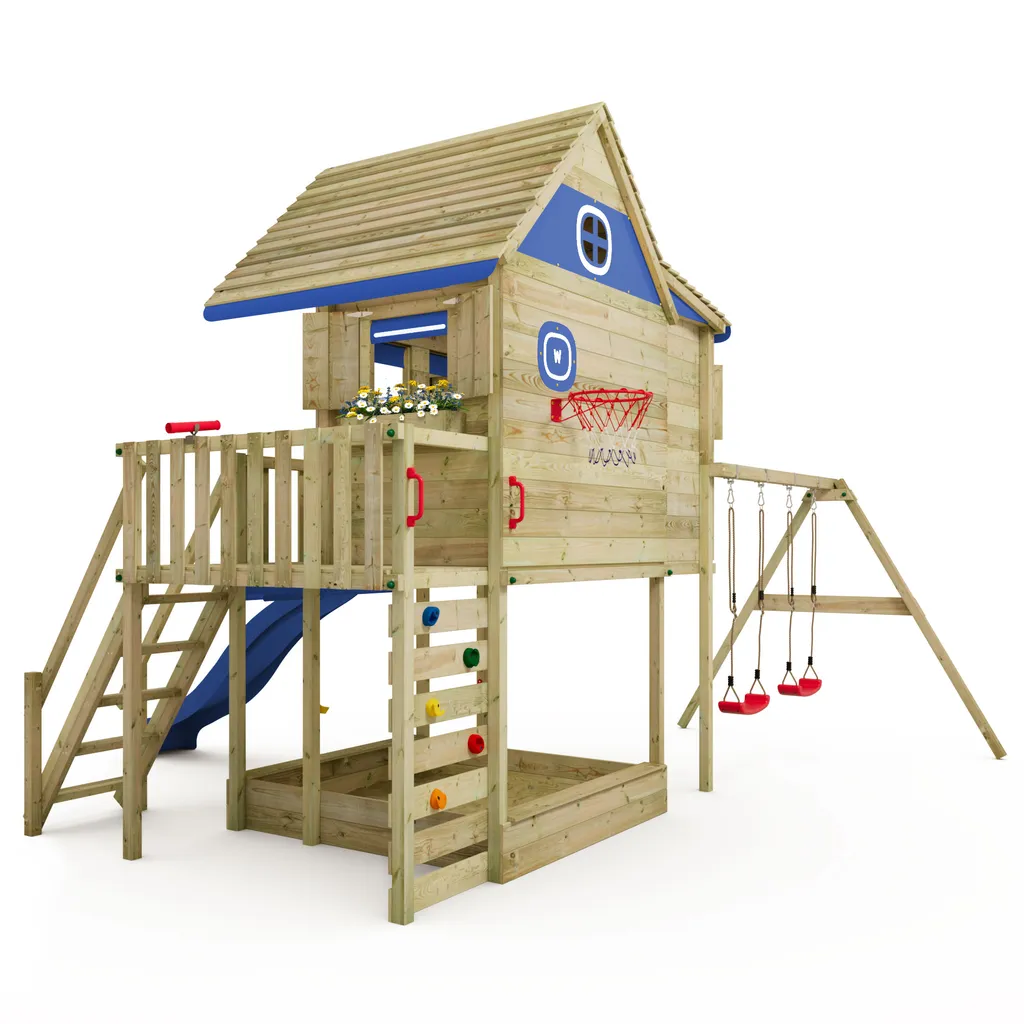 WICKEY Stelzenhaus Smart GreenHouse Mit Schaukel & Rutsche,integriertem Sandkasten Und Großem Spielhaus Mit Massiver Treppe Mit Handlauf, Fenstern, Rollos Und Blumenkasten - Blau 2 WICKEY Stelzenhaus Smart GreenHouse Mit Schaukel & Rutsche,integriertem Sandkasten Und Großem Spielhaus Mit Massiver Treppe Mit Handlauf, Fenstern, Rollos Und Blumenkasten - Blau – Bild 2