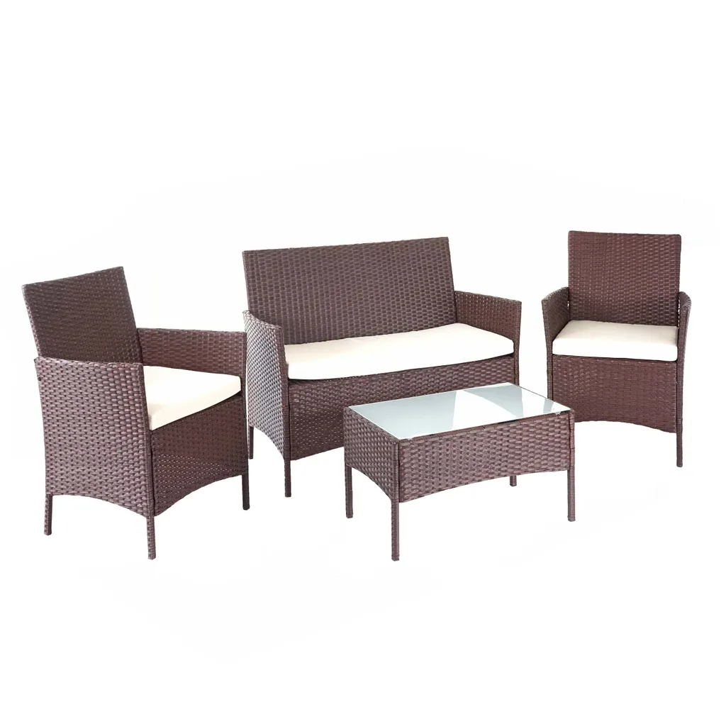 Mendler Poly-Rattan Garten-Garnitur HWC-D82, Sitzgruppe Lounge-Set Braun-meliert Mit Kissen Creme 1 Mendler Poly-Rattan Garten-Garnitur HWC-D82, Sitzgruppe Lounge-Set Braun-meliert Mit Kissen Creme