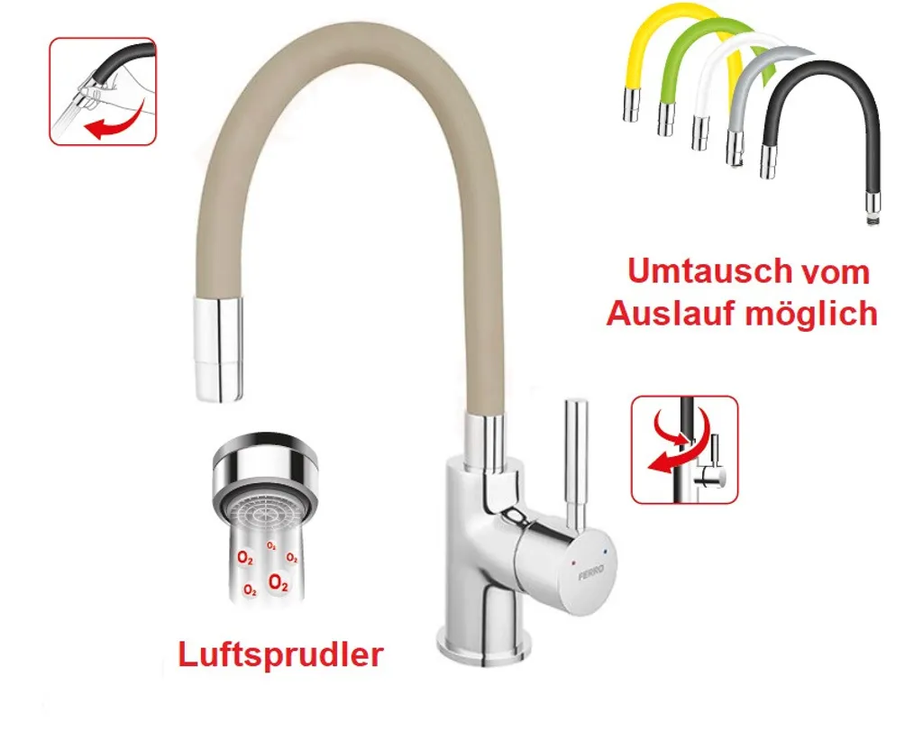Ferro Spültischarmatur Beige Flexibel Einhebelmischer Wasserhahn Messing Mischbatterie Spiralfederarmatur 4 Ferro Spültischarmatur Beige Flexibel Einhebelmischer Wasserhahn Messing Mischbatterie Spiralfederarmatur – Bild 4