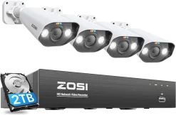 ZOSI 5MP Überwachungskamera Aussen Set, 8CH 4K 2TB HDD NVR Und 4X 5MP PoE IP Outdoor Kamera, 2-Wege Audio, Personen- Und Fahrzeugerkennung, Spotlight Alarm, C1825A