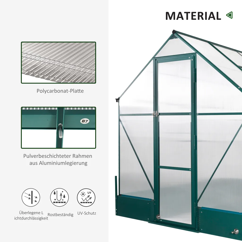 Outsunny Gewächshaus Für Den Garten, Vielseitig Nutzbar Als Treibhaus, Tomatenhaus, Frühbeet Und Pflanzenhaus, 4 Mm PC Sonnenschutzplatte, Aluminium, Transparent+Grün, 250x190x219 Cm 5 Outsunny Gewächshaus Für Den Garten, Vielseitig Nutzbar Als Treibhaus, Tomatenhaus, Frühbeet Und Pflanzenhaus, 4 Mm PC Sonnenschutzplatte, Aluminium, Transparent+Grün, 250x190x219 Cm – Bild 5