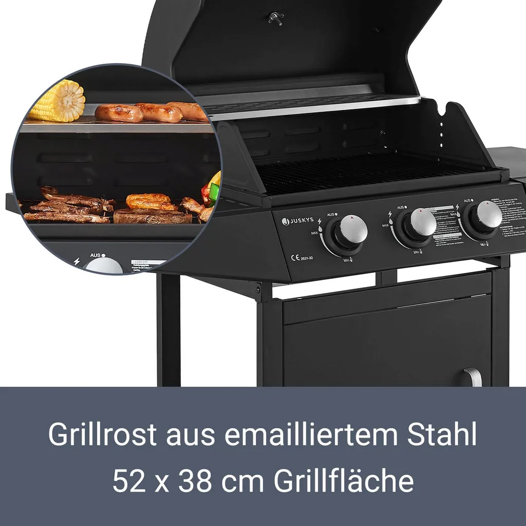 Juskys BBQ Gasgrill Louisiana 8,1 KW Mit 3 Brenner, Grillrost, Deckel Mit Thermometer, Warmhalterost & Seitenablagen – Grillwagen Mit Stahl Korpus 5 Juskys BBQ Gasgrill Louisiana 8,1 KW Mit 3 Brenner, Grillrost, Deckel Mit Thermometer, Warmhalterost & Seitenablagen – Grillwagen Mit Stahl Korpus – Bild 5
