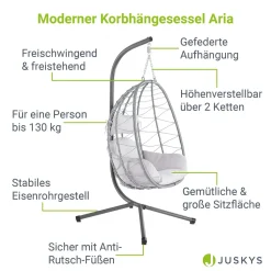 Juskys Hängesessel Aria Mit Kissen - Höhenverstellbar & Faltbar - Polyrattan Hängeschaukel Outdoor & Indoor - Korbhängesessel Silber Bis 130kg -Garten- & Gewächshäuser Geschäft f8bc4b9f81dc6ad63e8ea856dce5edd4