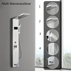 Puluomis Duschsystem Duschpaneel 5 Funktionen Duscharmatur Mit Kopfbrause Und 3 Stufen Handbrause, Regendusche Duschkopf Duschset Aus Edelstahl Mit Display , Silber Weiß