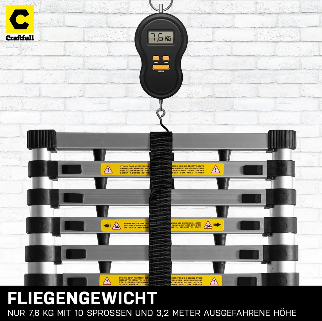 Craftfull Alu Teleskopleiter - Anlege - Leiter - Aluleiter - Stehleiter - Mehrzweckleiter - (3.2 Meter) 5 Craftfull Alu Teleskopleiter - Anlege - Leiter - Aluleiter - Stehleiter - Mehrzweckleiter - (3.2 Meter) – Bild 5