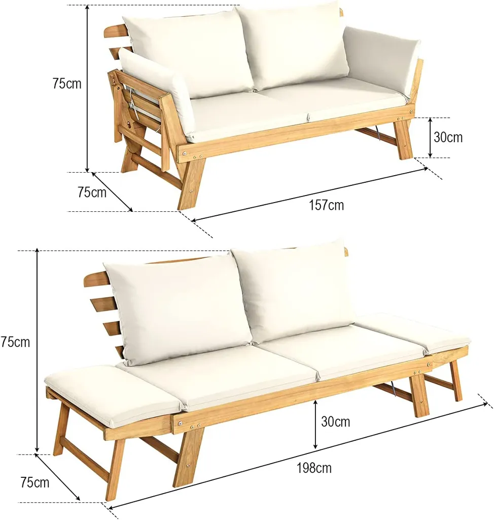 COSTWAY Liegesofa Mit Klappbaren Seitenlehnen, Sonnenliege Sitzbank Akazienholz Mit Auflage, Gartenbank Für Garten Terrasse Innenbereich (Weiß) 5 COSTWAY Liegesofa Mit Klappbaren Seitenlehnen, Sonnenliege Sitzbank Akazienholz Mit Auflage, Gartenbank Für Garten Terrasse Innenbereich (Weiß) – Bild 5