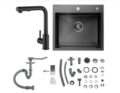 Anten CECIPA Küchenspüle Edelstahl 50x45cm Spüle Anthrazit Schwarz+ Ausziehbare Küchenarmatur Schwarz