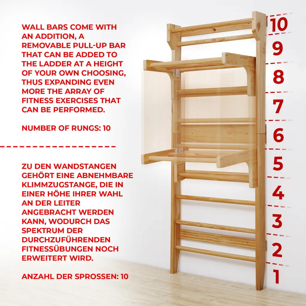 Physionics® Abnehmbare Klimmzugstange Für Sprossenwand - Belastbar Bis 100 Kg, 3 Sprossen, 73 X 45 X 27 Cm, Aus Holz, Höhenverstellbar - Klimmzugbügel, Reckstange, Einhängebügel, Turnwand 5 Physionics® Abnehmbare Klimmzugstange Für Sprossenwand - Belastbar Bis 100 Kg, 3 Sprossen, 73 X 45 X 27 Cm, Aus Holz, Höhenverstellbar - Klimmzugbügel, Reckstange, Einhängebügel, Turnwand – Bild 5
