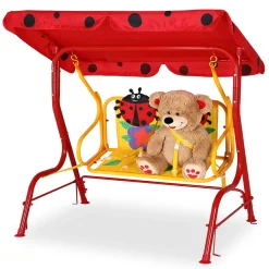 Deuba SPIELWERK Hollywoodschaukel Für Kinder Ab 3 Jahren Verstellbares Sonnendach UV 40 Schutz 3 Punkt Sicherheitsgurt 2 Sitzer Gartenschaukel Schaukelbank