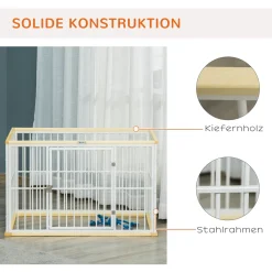 PawHut Welpenauslauf Freigehege Für Hund Hundelaufstall Schutzgitter Mit Tür Stahl Kiefernholz Weiß+Natur 93 X 61 X 59 Cm -Garten- & Gewächshäuser Geschäft fbea22613903490efa0219ecf5b6ca7d