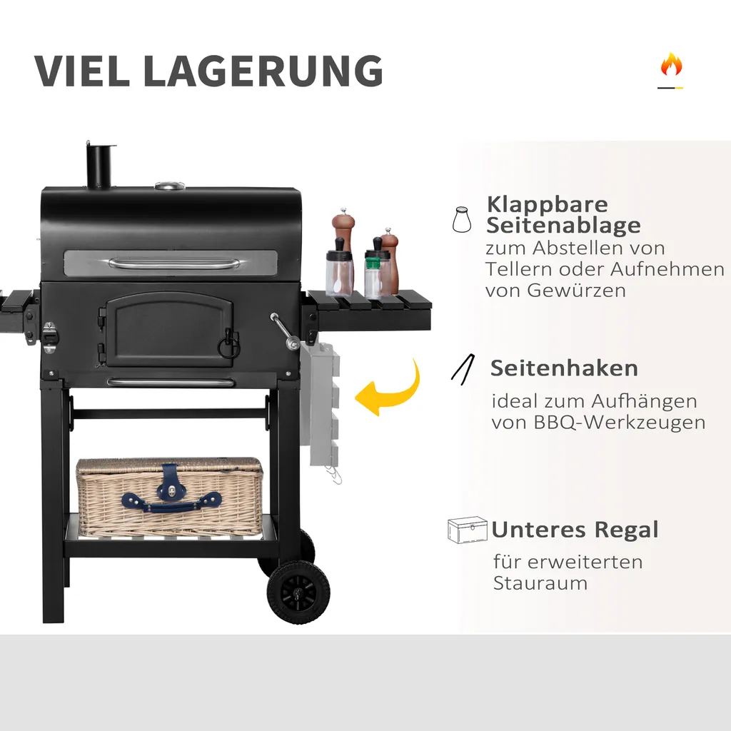 HOMCOM Outsunny Holzkohlegrill BBQ Gartengrill Mit Deckel Und Ablagen Metall Smoker BBQ Warmhalteplatte Regale Gartenparty Transportrollen Schwarz 124 X 66 X 112 Cm 7 HOMCOM Outsunny Holzkohlegrill BBQ Gartengrill Mit Deckel Und Ablagen Metall Smoker BBQ Warmhalteplatte Regale Gartenparty Transportrollen Schwarz 124 X 66 X 112 Cm – Bild 7