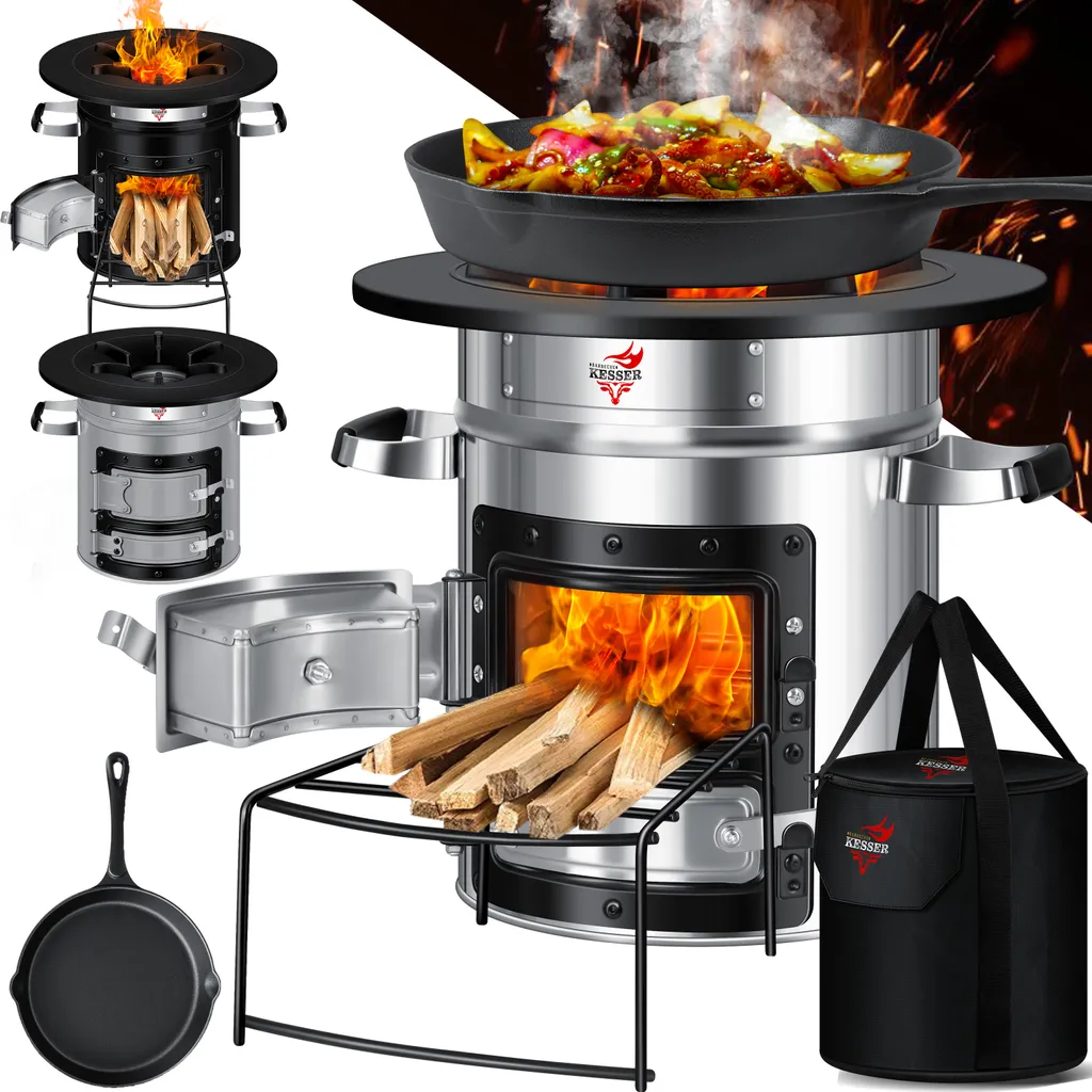 KESSER® Raketenofen Inkl. Grillpfanne Aus Gusseisen Mit Tragetasche Dutch Oven BBQ Rakete Holzofen Camping Campingkocher Campinggrill, Edelstahl, Farbe:Silber 1 KESSER® Raketenofen Inkl. Grillpfanne Aus Gusseisen Mit Tragetasche Dutch Oven BBQ Rakete Holzofen Camping Campingkocher Campinggrill, Edelstahl, Farbe:Silber