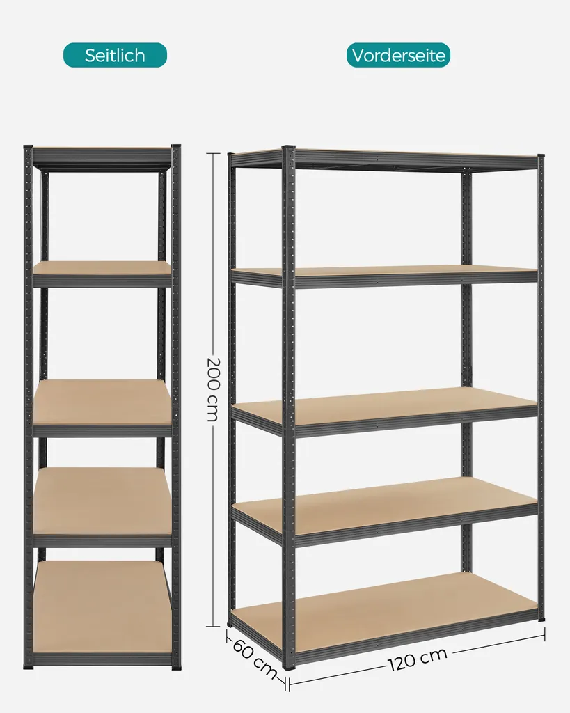 SONGMICS Schwerlastregal, Stahl, Regal, Kein Werkzeug Erforderlich, Lagerregal, Für Garage, Keller, Lagerraum, Werkzeug, Fitnessgerät, Bis 875 Kg Belastbar, 60 X 120 X 200 Cm, Grau GLR060G01 6 SONGMICS Schwerlastregal, Stahl, Regal, Kein Werkzeug Erforderlich, Lagerregal, Für Garage, Keller, Lagerraum, Werkzeug, Fitnessgerät, Bis 875 Kg Belastbar, 60 X 120 X 200 Cm, Grau GLR060G01 – Bild 6