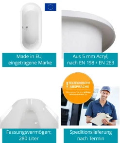 Calmwaters® Freistehende Badewanne 180x80 Cm, Acrylwanne Modern Soft, Duo-Badewanne Für 2 Personen, Maße 180 X 80 Cm, Freistehende Wanne Oval, Runde Badewanne Freistehend, Duowanne Weiß, 02SL3337 -Garten- & Gewächshäuser Geschäft fefe9765d39d1122c77db38599d19eb9