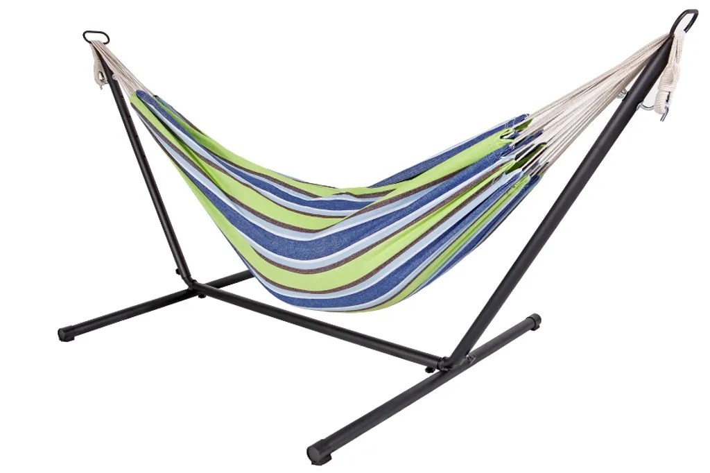 Spetebo Doppel Hängematte Mit Stahlgestell - Modell: Celeste & Yellow 1 Spetebo Doppel Hängematte Mit Stahlgestell - Modell: Celeste & Yellow