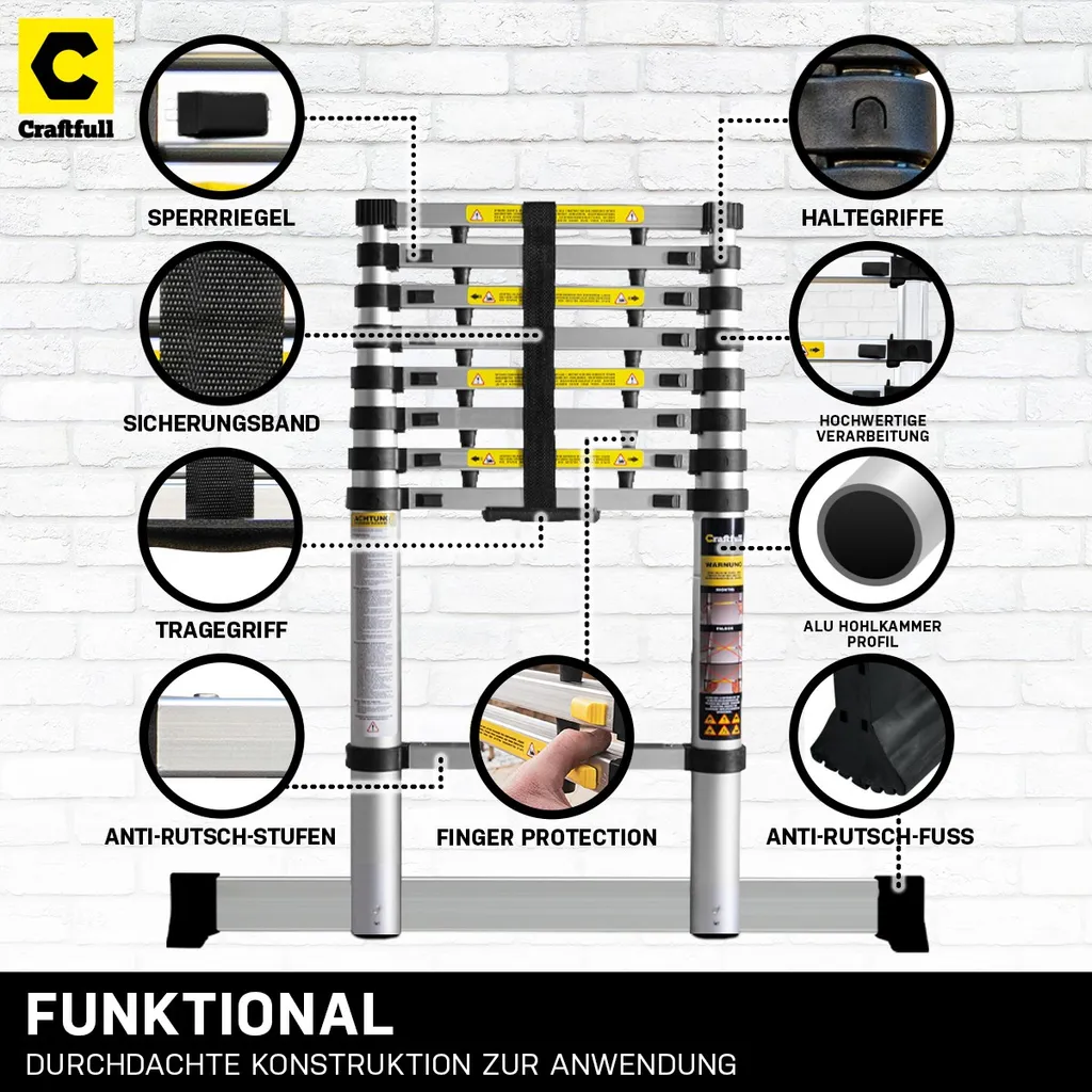 Craftfull Alu Teleskopleiter - Anlege - Leiter - Aluleiter - Stehleiter - Mehrzweckleiter - (3.2 Meter) 2 Craftfull Alu Teleskopleiter - Anlege - Leiter - Aluleiter - Stehleiter - Mehrzweckleiter - (3.2 Meter) – Bild 2